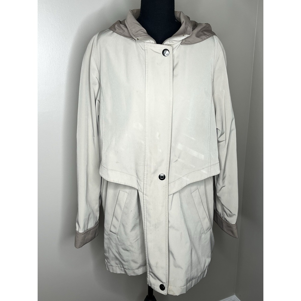 Vintage Liz Claiborne Woman's Rain Trench Coat Button Zipper With Hood Size L